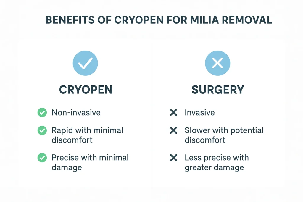 Benefits of cryopen for milia removal Epping Green compared to surgical treatments.