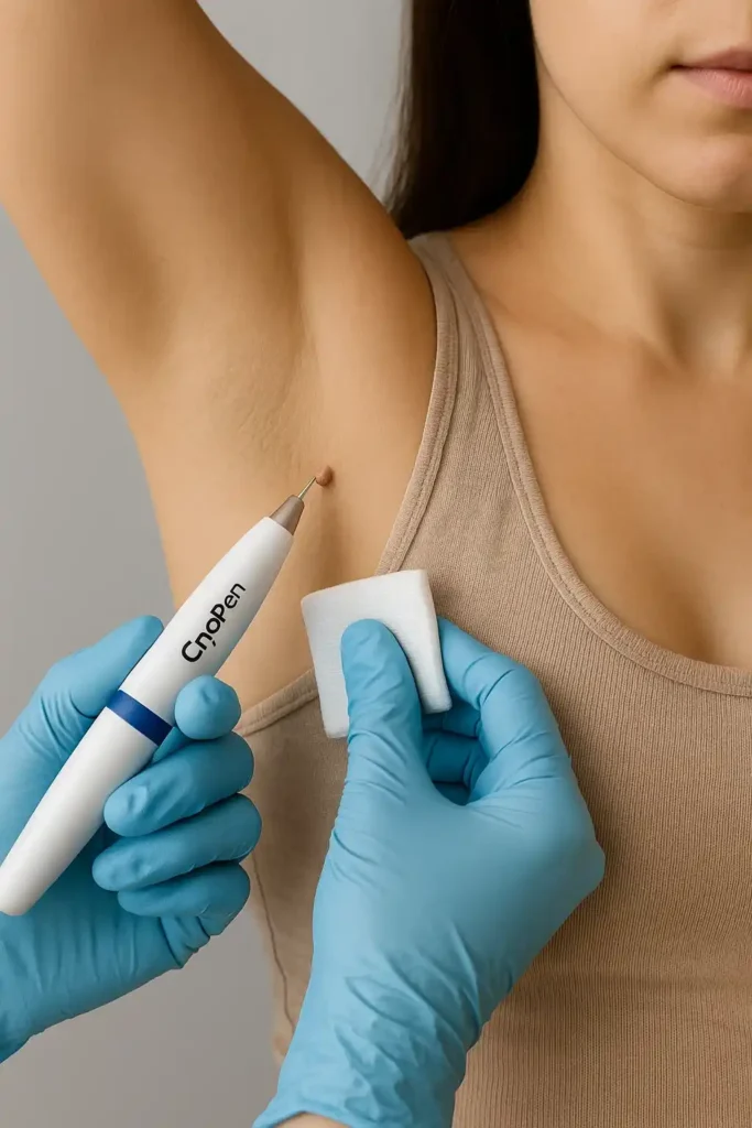 woman having cryopen to remove underarm skin tags Epping Green