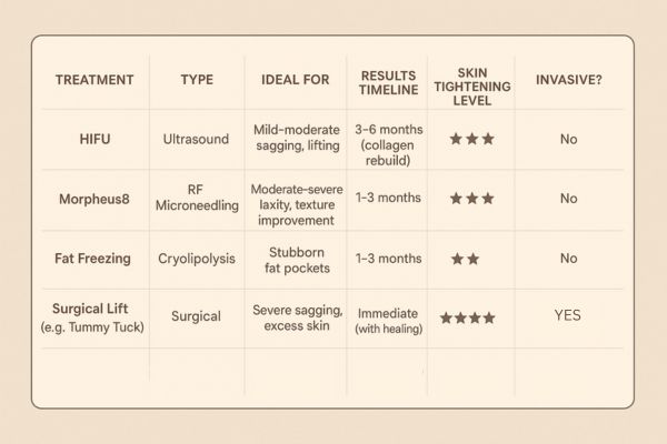 Table showing the comparisons of Skin tightening Epping Green treatment options.